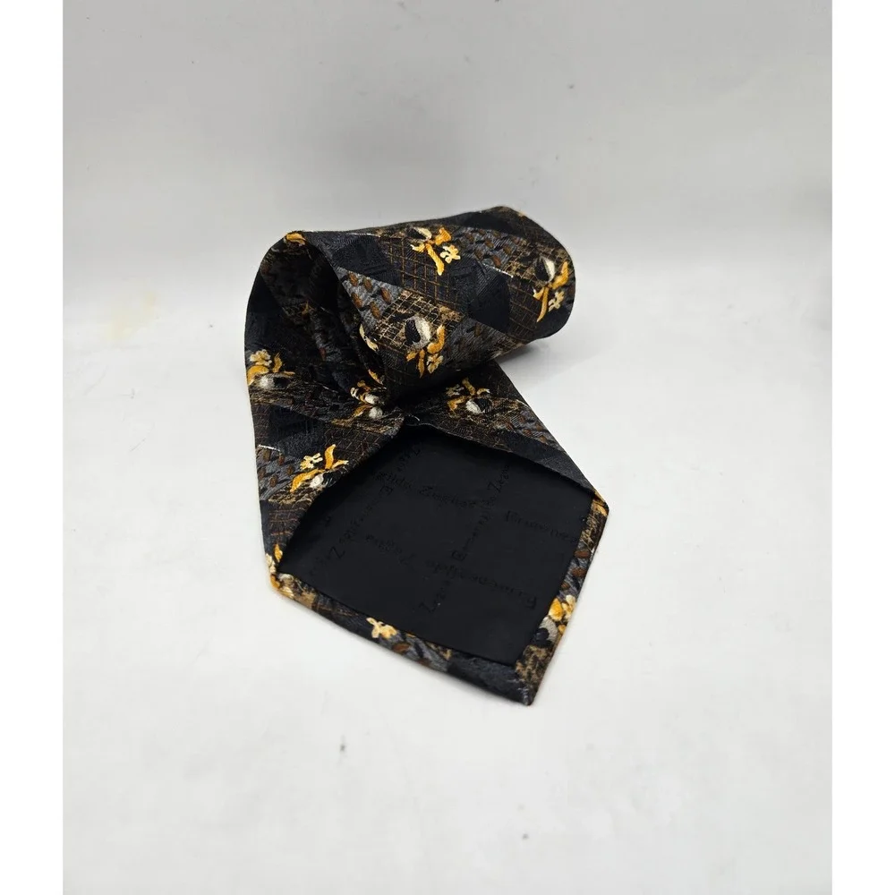 Ermenegildo Zegna Silk Necktie Mens OS Black Gold Geometric Floral Made in Italy